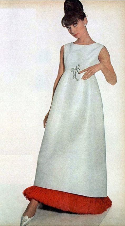 1964 Audrey Hepburn ~ wearing gown of white faille fringed at the hem with scarlett ostrich feathers by Givenchy, hair by Alexandre, shoes by Roger Vivier, photo by Penn
