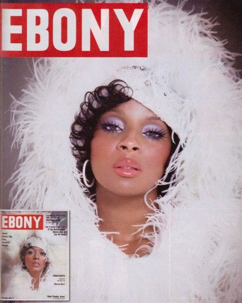Mary J. Blige channels Diana Ross in this 1970′s re-created cover from Ebony Magazine. For this photo shoot she is adorned in White Ostrich Boas provided by the The Feather Place showroom in Los Angeles.