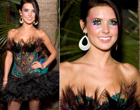 Peacockulous! Audriana Patridge in a peacock costume. Make your own with feathers from